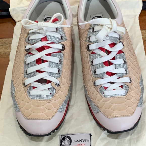 Lanvin Sneakers pink red silver python exotic lambskin lace up 39 us 9 Rose NWT - Picture 4 of 16